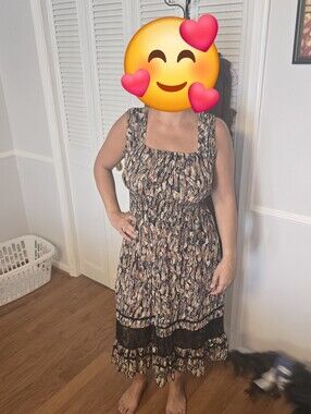 No Frills Navy, Cream & Tan Printed Midi Dress